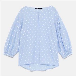 ZARA BLUE COTTON BLOUSE WHITE POLKA DOTS XS BLOG